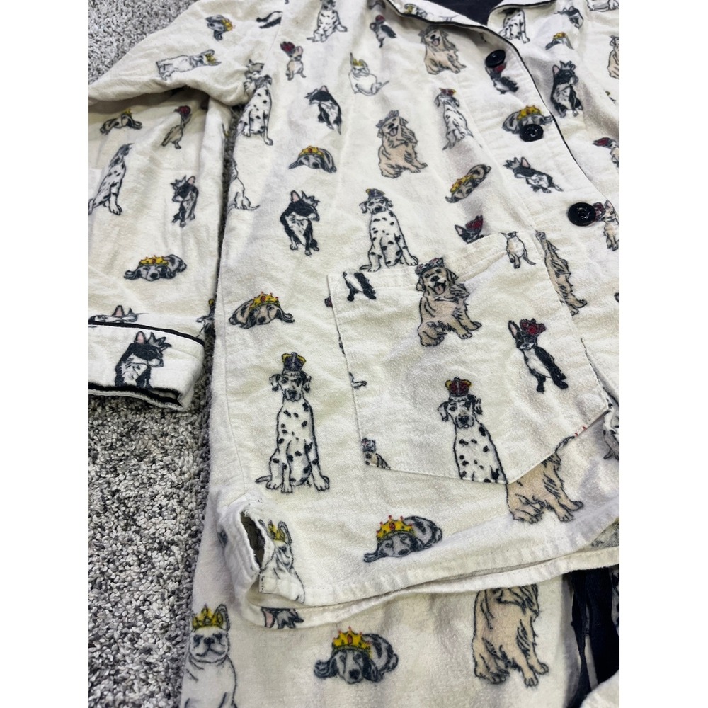PJ Salvage Women Small Dog Print Flannel Pajama Set Cream‎ Button Front Long - Picture 7 of 15